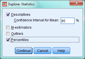 tıklanarak sonuçlar elde edilir. SPSS de Tanımlayıcı İstatistikler Değişkenleri taşıdıktan sonra hesaplanacak istatistikleri belirlemek için Statistics düğmesi tıklanır ve aşağıdaki pencere açılır.