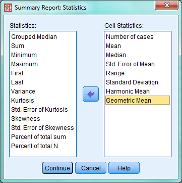 Değişkenleri taşıdıktan sonra hesaplanacak istatistikleri belirlemek için Statistics düğmesi tıklanır ve aşağıdaki pencere açılır.