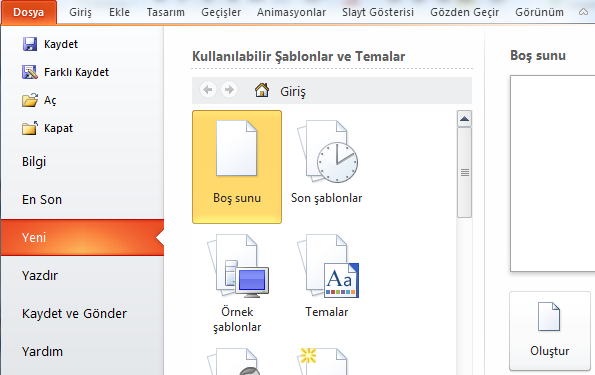 Yeni Bir Sunu Oluşturmak Yeni bir sunu luşturmak için sırasıyla aşağıdaki adımlar izlenir; Dsya sekmesine tıklanır, Açılan görünümden Yeni bölümü