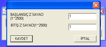 Tarihler arası Z raporu Buraya hangi tarihler arasında mali hafıza okuma raporu almak istiyorsanız ilk ve son tarih olarak GGAAYY (Gün Gün Ay Ay Yıl Yıl ) formatında giriniz.