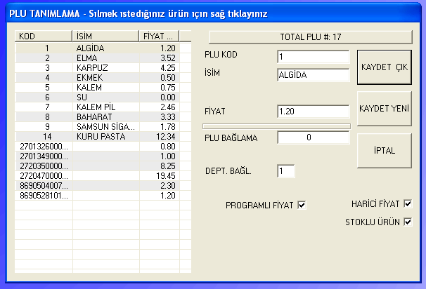 3-3-) Ekle/Düzelt Bu menü altında yedi adet alt menü bulunmaktadır: PLU, Stok, Logo Programlama, Departman, KDV oranları ve FONKSİYON TUŞU.