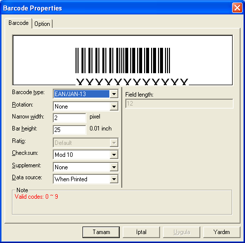 Barcode Nesnesi: Etiket üzerine barkod yazdırmak için kullanılır. Bir barkod nesnesi seçilen barkod tipine göre içeriği farklı veri içerir.