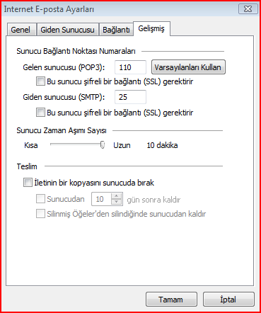 KUTUYU İŞARETLEYİNCE AŞAĞIDAKİ SEÇENEKLER YANİ; GELEN POSTA SUNUCUMLA AYNI AYARLARI KULLAN SEÇENEĞİ AKTİF HALE GELİR.