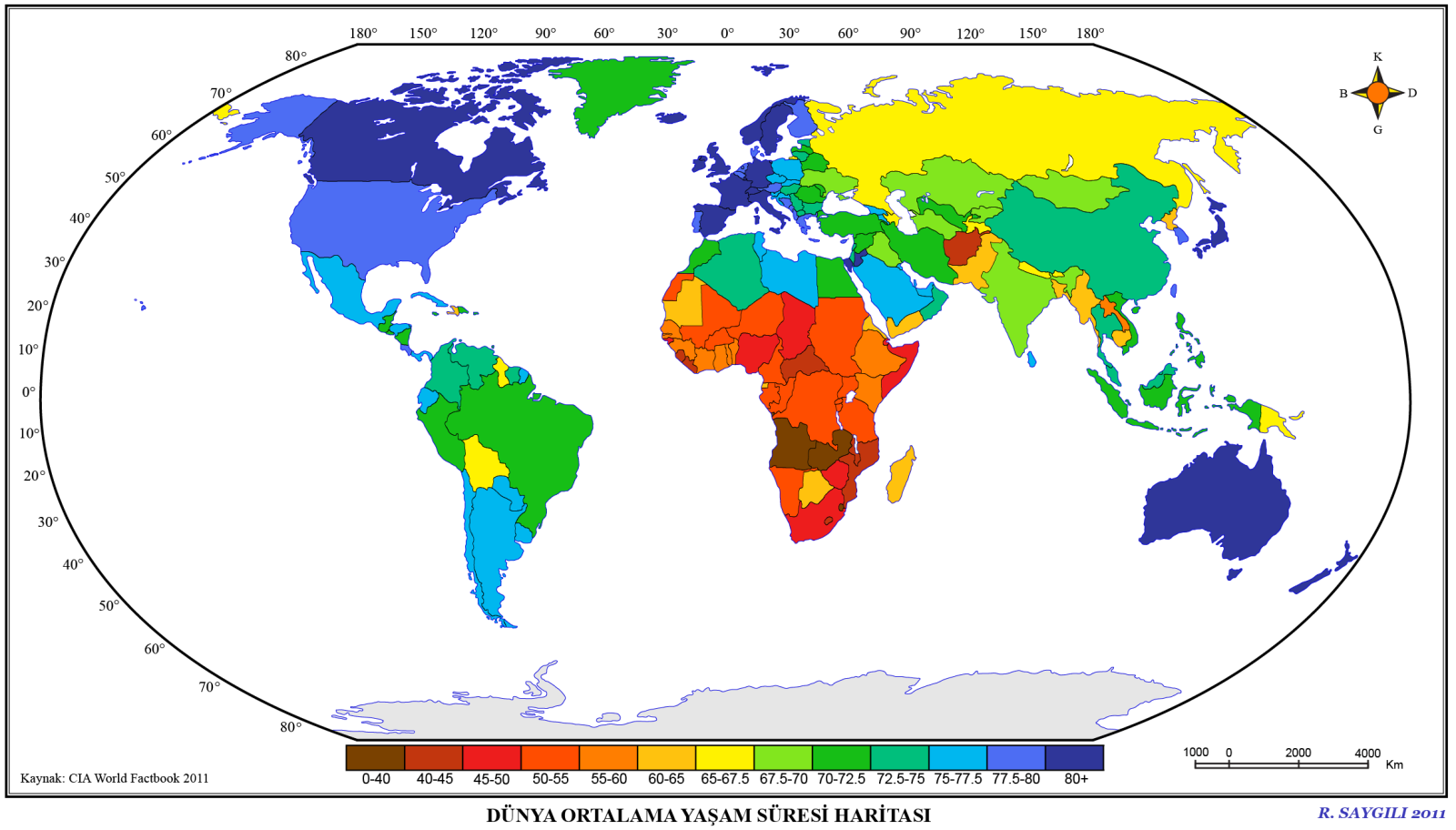 Bazı ülkelerin ortalama yaşam süresi: (2011) Sıra Ülkeler Toplam ortalama Erkek ortalama Kadın ortalama ömür ömür ömür 1 Monako 89.73 85.77 93.84 2 Macau 84.41 81.45 87.52 3 San Marino 83.01 80.5 85.
