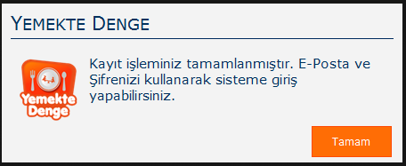 Şekil 3. Yeni üye kayıt işleminin başarılı bir şekilde gerçekleştiğini bildiren ekran görüntüsü 2.