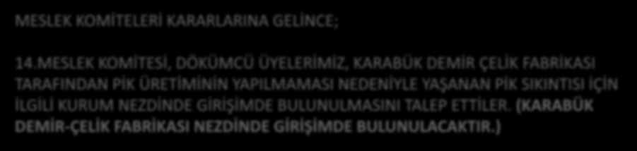 MESLEK KOMİTELERİ KARARLARINA GELİNCE; 14.