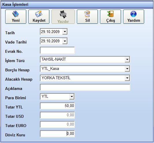 Yeni bir kasa işlemi yapmak için, formun üzerindeki YENİ İŞLEM düğmesine veya sayfanın üzerindeki KASA düğmesine basmamız gerekmektedir. Açılan formdan ilgili işlemimizin kaydını alabiliriz.