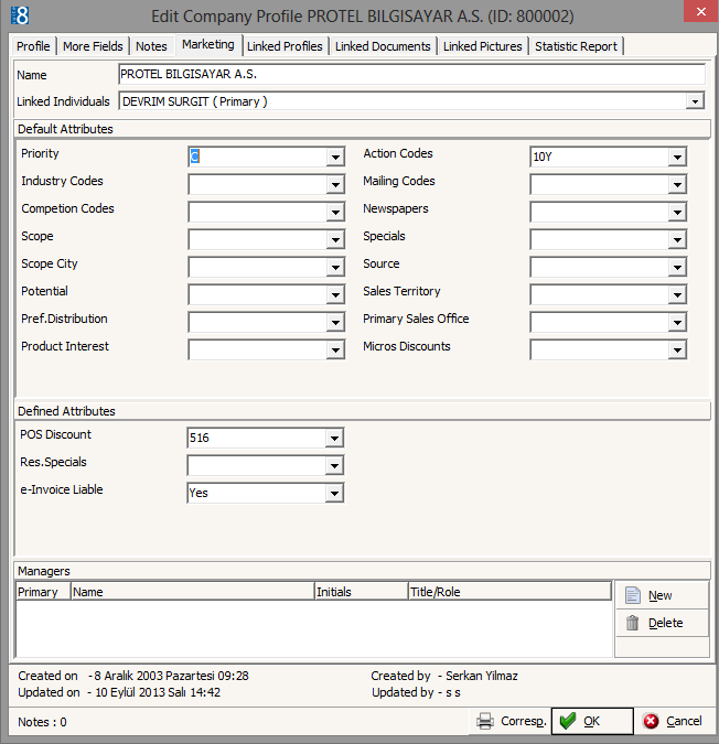 Profil kartı Suite 8 sisteminde firma profil kartına ; firmanın e-fatura mükellefi olup olmadığının takibi için bir alan eklenmiştir ; Profile / Marketing / Defined Attributes bölümünde yer alan