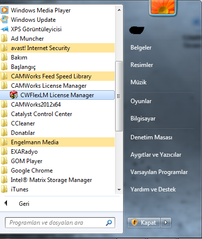 CAMWorks Licence Manager Kullanımı ve Lisans Aktivasyonu İlk olarak yapılması gereken Başlat menüsünden CAMWorks