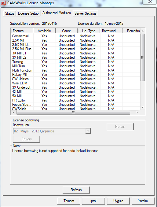 Authorized Modules Bu sekmede almış olduğumuz CAMWorks paket içerikleri ile ilgili bilgiler mevcuttur. Kullanılan paketlerin durumları, aktiflik hali ve lisans tipi bilgileri mevcuttur.