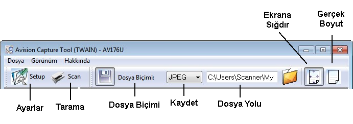 (Varsayılan biçim BMP'dir, diğer seçenekler TIFF, MTIFF, PDF; MPDF, GIF ve JPEG'dir).