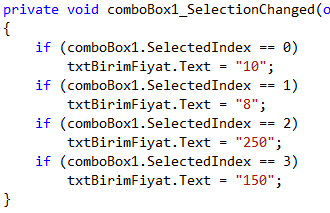 Hesapla butonuna aşağıda görünen kodu ekleyiniz. Single BirimFiyat = 0, Adet = 0, KDV = 0, Tutar = 0; BirimFiyat = Single.Parse(txtBirimFiyat.Text); Adet = Single.Parse(txtAdet.Text); if (rb1.