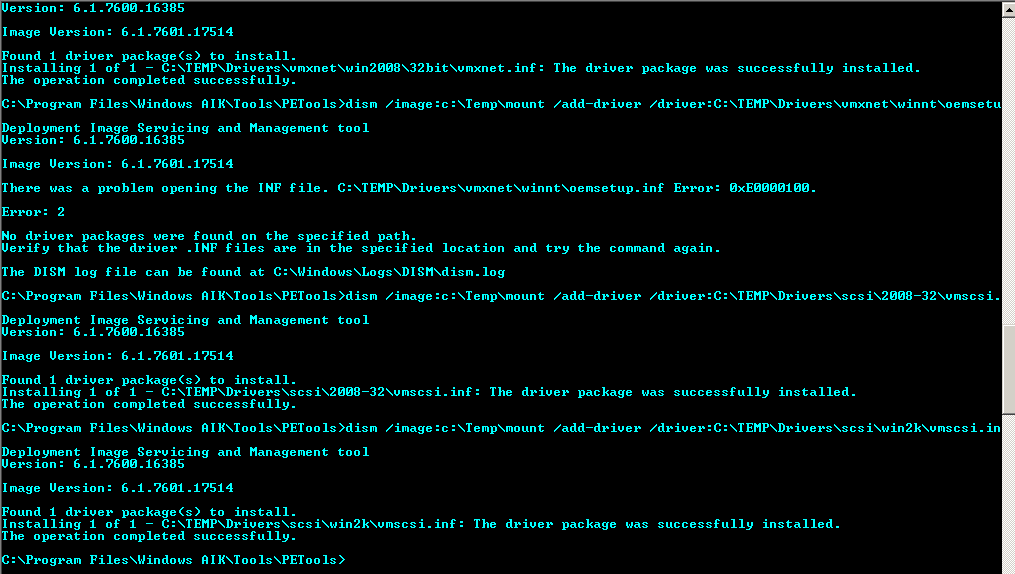 Bu dosya çıkarma işlemi için "imagex /mountrw c:\temp\boot.wim 2 c:\temp\mount" komutunu kullandım. Şimdi açtığımız bu boot.wim dostasının içine driver import işlemini gerçekleştiriyorum.