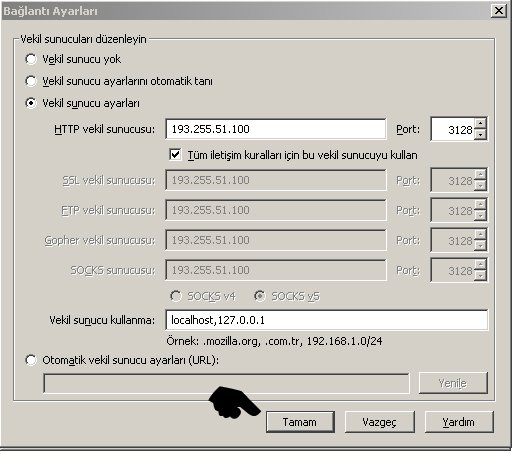 2. "HTTP vekil sunucusu" yerine: Resim.7 3. " Tüm iletişim kuralları için bu vekil sunucuyu kullan" işaretli hale getirilerek <Tamam> butonları ve pencereleri kapatılır.