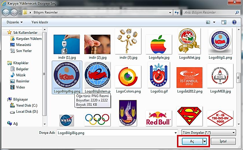 içerisinden logo seçme penceresine ulaşılır.