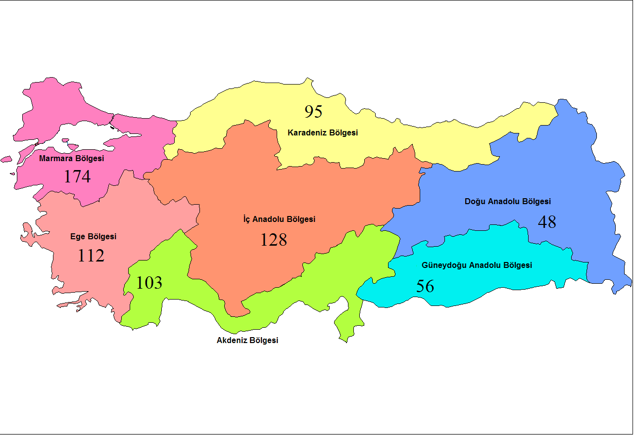 Araştırmada yer alan radyo kanallarının coğrafi bölgelere göre dağılımı incelendiğinde radyo kanallarının en çok Marmara Bölgesi nde, en az ise Doğu Anadolu Bölgesi nde yayın yaptığı görülmektedir.