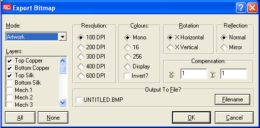 Export Bitmap: Çizim alanındaki PCB çalıģmasının, Bitmap (BMP) resim dosyası formatında kaydedilmesini sağlar. Bu komut seçildiğinde ġekil 1.
