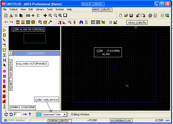 ġekil 2.1: Elektronik Baskı Devre Programı tasarım ekranı Elektronik Baskı Devre Programı nın penceresinde çizim alanın en üstünde BaĢlık Çubuğu yer alır.