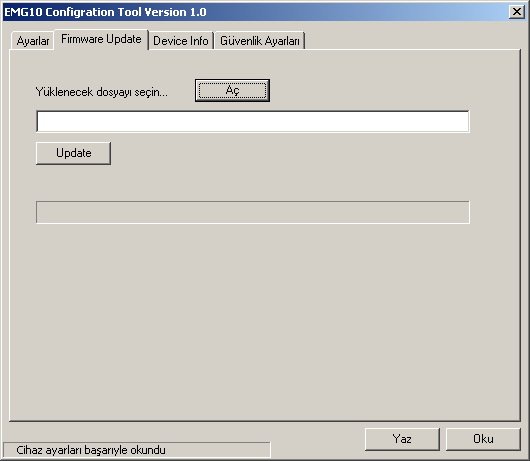 1. Cihazınızın yazılımını güncellemek için EMG10 /12 Configuration Tool programında Firmware Update sekmesini tıklayın. 2.