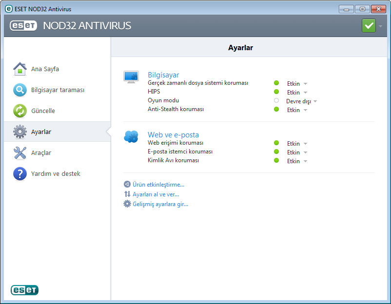 4. ESET NOD32 Antivirus ile çalışma ESET NOD32 Antivirus ayarları seçenekleri bilgisayarınızın koruma düzeylerini ayarlamanıza olanak verir.