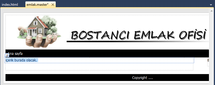 İndex.html dosyasının kodlarını buraya aktarıyoruz.ilk önce <head> tagları arasındaki <style> leri kopyalayıp emlak.masterdeki </head> tagının hemen üstüne yapıştırıyoruz.