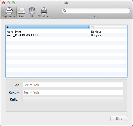 Mac OS için EX/EX-P Print Server 41 1 İletişim kutusundaki Saptanmış simgesini tıklatın. Yazıcı isimleri, varsayılan bağlantılarıyla birlikte listelenir. Not: SMB yazdırma Mac OS X v10.