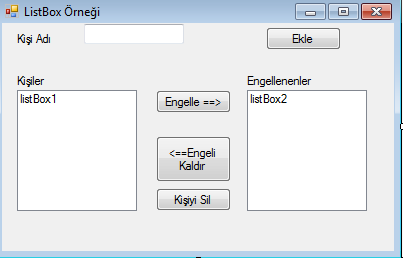 listbox1.items.add(textbox1.text); Items.Clear Özelliği:listBox ı temizlemek için kullanılır. private void button2_click(object sender, EventArgs e) listbox1.items.clear(); Items.