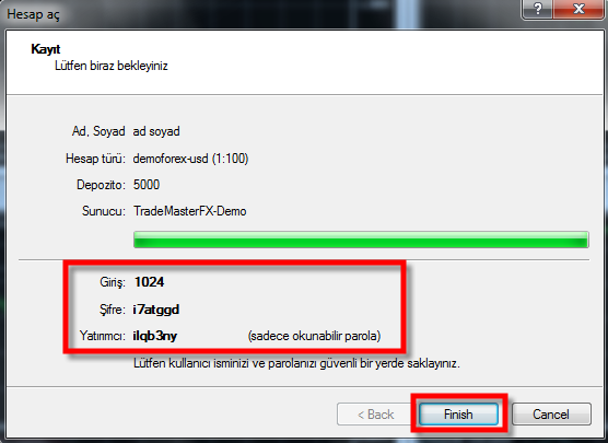 Gelen ekranda giriş ve şifre bilgileriniz otomatik olarak yaratılır. Lütfen bu bilgileri not ediniz ve finish butonuna basınız.