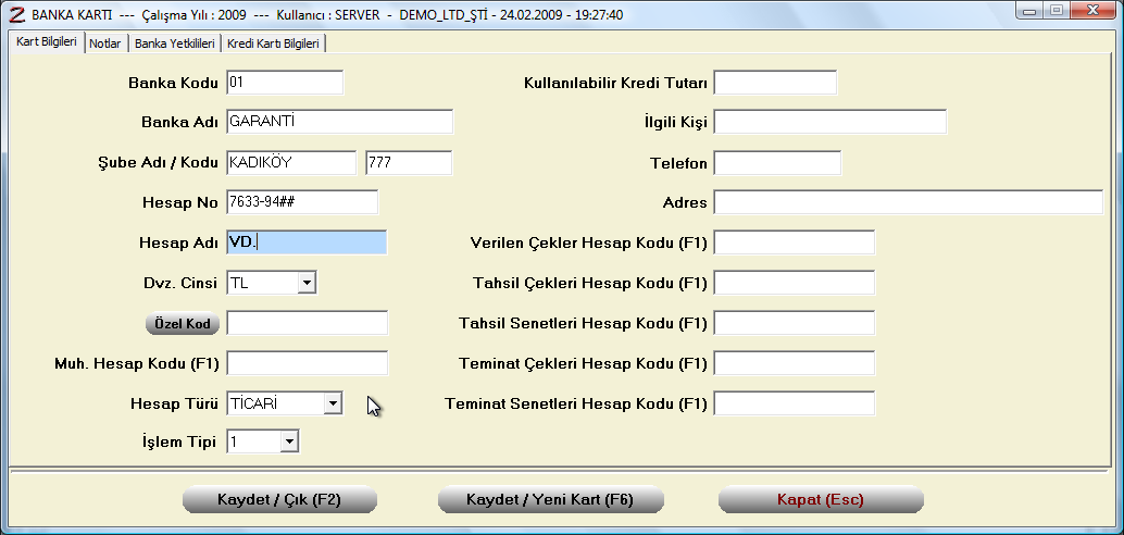 5.3 Kasa Kartı: Program kurulumu ile birlikte Merkez Kasa otomatik olarak gelir.