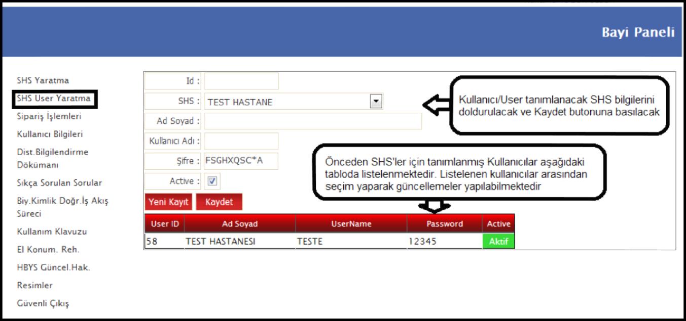 3.2. SHS KULLANICI YARATMA Adım 1: Bayi panelinde sol tarafta bulunan SHS Kullanıcı Yaratma linkine girilmesi gerekmektedir.