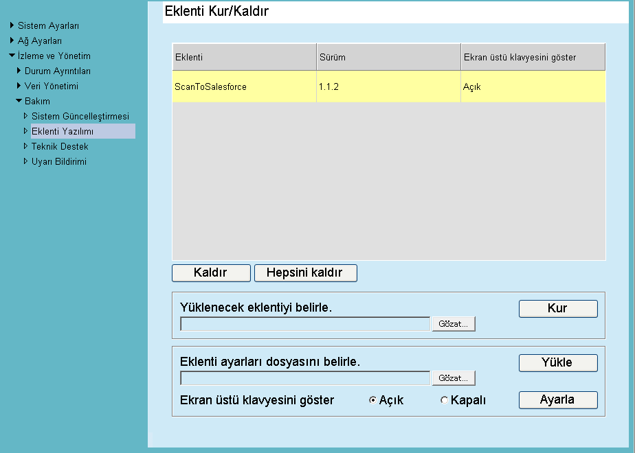 2.1 Salesforce Chatter Eklentisi'ni Yükleme Central Admin Console [Eklenti Yazılımı] penceresindeki "NetScanner_ScanToSalesforce_1.1.1"i seçip, [Kur] düğmesine basarak Salesforce Chatter Eklentisi'ni yükleyebilirsiniz.