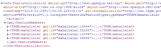 3.2. Kullanım Örnekleri 3.2.1. Geometri Sorguları Within Sorgu http://cbsservis.tkgm.gov.tr/tkgm.ows/wfs?request=getfeature&service=wf S&SRSNAME=EPSG%3a4326&TYPENAME=KVK%3amahalleler&VERSION=1.0.