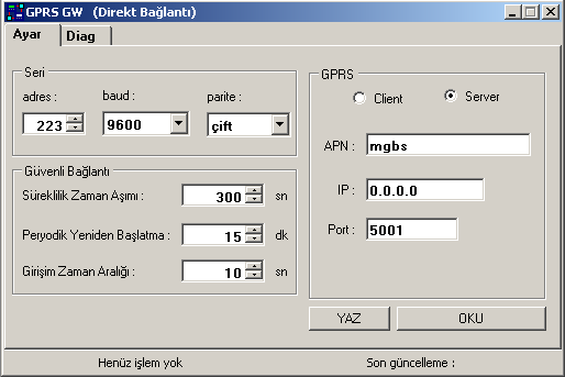 "GPRS GW" yazısı çift tıklanır. Aşağıdaki pencere ekrana gelir. CGG 100 GPRS GATEWAY Server olarak kullanılacaksa Server seçeneği işaretlenir. Aşağıdaki pencere ekrana gelir. Bu pencere yardımıyla,seri port ayarları, GPRS ayarları ve Güvenli bağlantı ayarları yapılmaktadır.