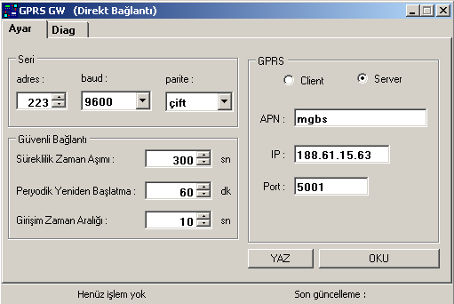 Bu pencere aşağıdaki gibi doldurulur. Adres: 223 Baud: 9600 Parite: çift olarak doldurulur.