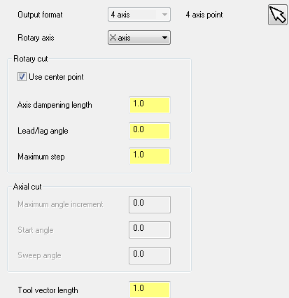 Tool Axis Control (Takım Hareketlerinin Kontrolü) Output format:4 veya 5 eksen tezgah seçimi 4 axis point: Eksen noktası seçimi Rotary axis: Dönel eksen seçimi Rotary cut: Dairesel