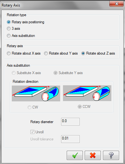 Rotary Axis ( Dönel Eksen) Dördüncü eksen tanımlaması yapmak için kullanılır. Daha çok döner tabla için kullanılır. Komut aktif edildiğinde Rotation Type (Döndürme tipi) penceresi ekrana gelir.