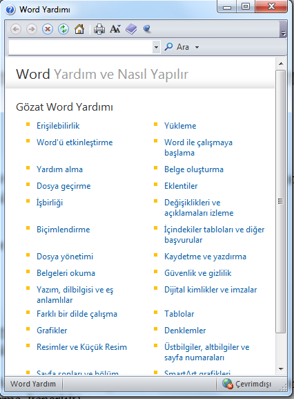 Şekil 3. 28. Yardım Menüsü Microsoft Office Yardımı: Bu seçenek tıklandığında Şekil 3.29 da görülen Word Yardımı penceresi ekrana gelir.