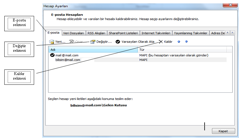 Resim 3.4: E-posta hesabı güncelleme ve kaldırma 3.2. E-Posta Ġletileri Ġle ÇalıĢma E-posta yazılım programı kullanılarak e-posta oluģturabilir, gelen postalar okunabilir, okunanlar silinebilir. 3.2.1.