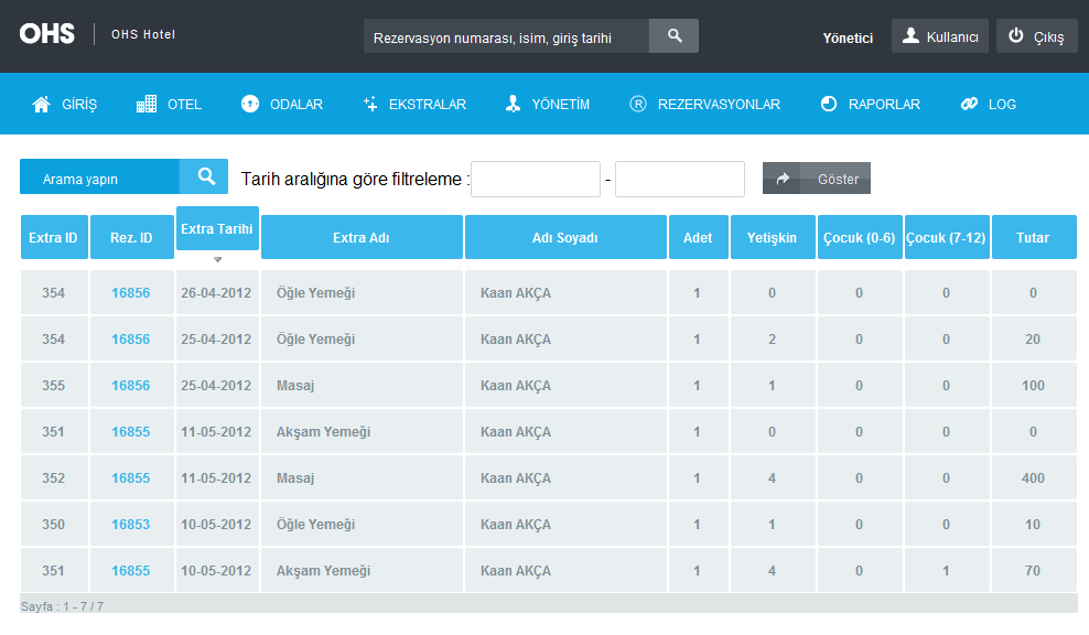 OHS Backoffice > Ekstra Yönetimi Ekstralar yönetimi, ilgili konaklamalar ile birlikte satın alınan ekstra hizmetlerin detaylı listelendiği alandır.