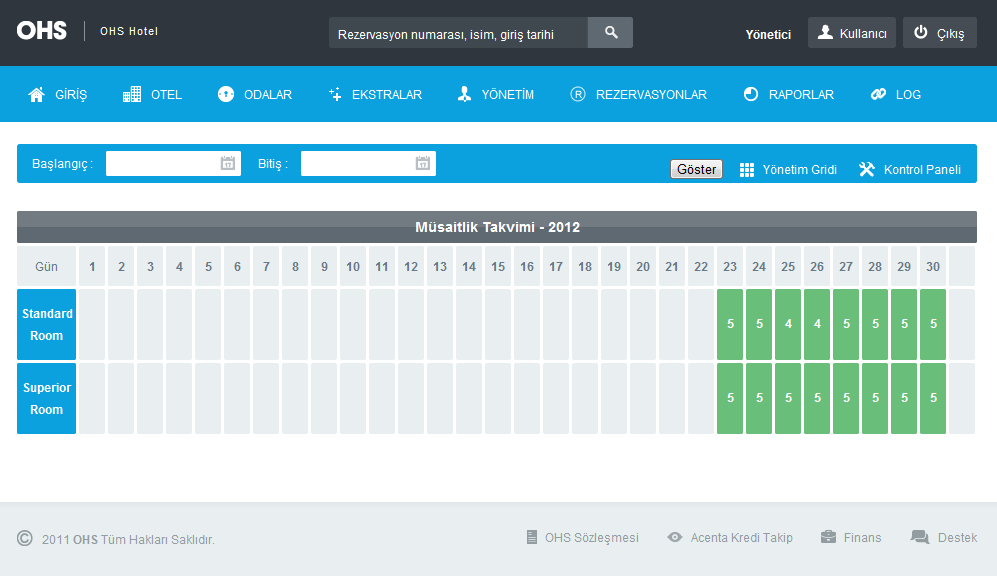 OHS Backoffice > Müsaitlik Tanımlama Otel bu alanda istediği tarih