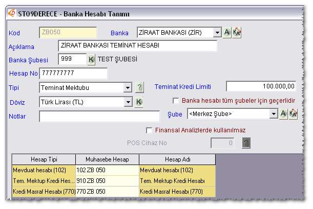 Muhasebe entegrasyonu için cari hesap tanımlamalarına Teminat Mektubu Hesabı sahası eklenir. Banka hesap kodları için de benzer bir saha eklenmiş olacaktır.