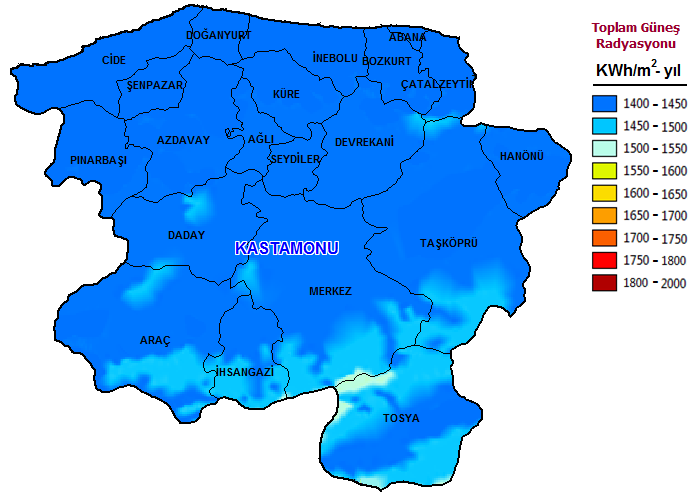 Şekil-4, Kastamonu ili ve ilçeleri için oluşturulmuş bir güneş atlasıdır. Buna göre Kastamonu da genel olarak, güneşleme azdır fakat güney kesimlerde güneşleme nispeten daha fazladır.