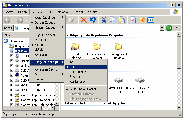 Windows ta Bilgisayarım penceresinde dosyaların çeşitli görünümlerde gelmesini sağlamak için Görünüm menüsü kullanılır.