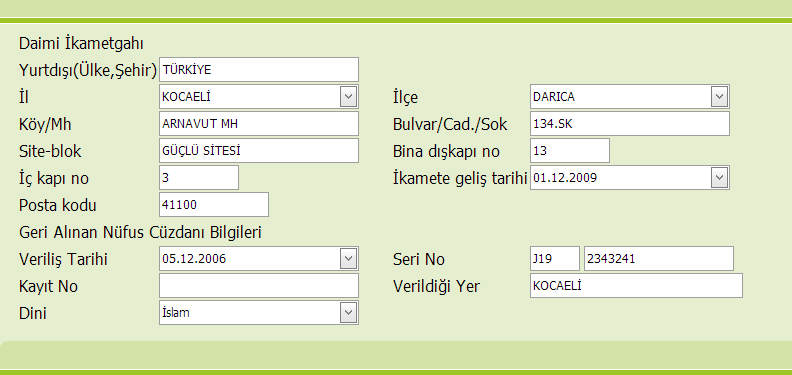 T.C. Sağlık Bakanlığı Türkiye Halk Sağlığı MERNİS BİLGİLERİ KISMI Kişinin ikamet bilgilerinin