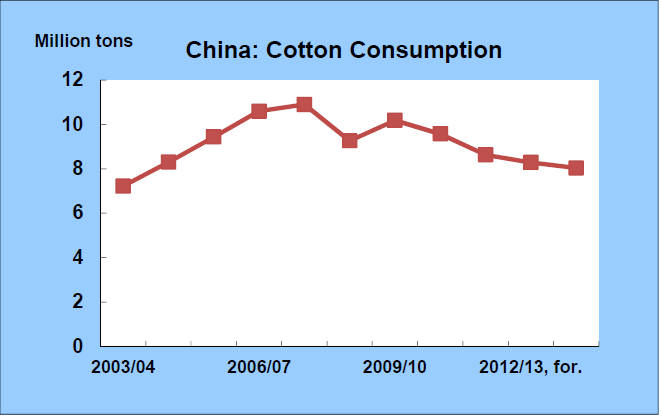 Çin in pamuk tüketimi 2003/04 sezonunda yaklaşık 7 milyon ton iken, 2008/09 sezonunda 11 milyon ton u aşmış, sonraki