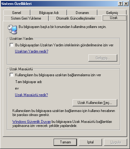 Uzaktan Yardım ve Uzak Masaüstü MS Windows XP Denetim Masası => Sistem =>