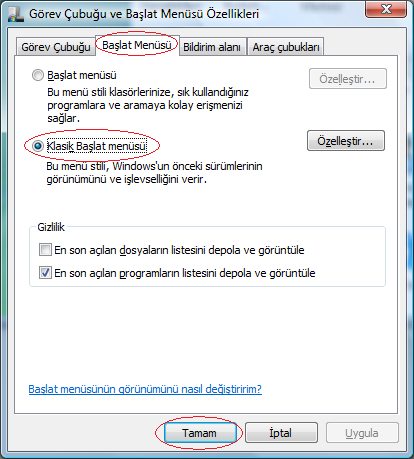 Açılan menüden Özellikler e tıklayın. Açılan pencerede Başlat Menüsü sekmesine geçip Klasik Başlat Menüsü seçeneğini seçin ve Tamam a tıklayın. 1.