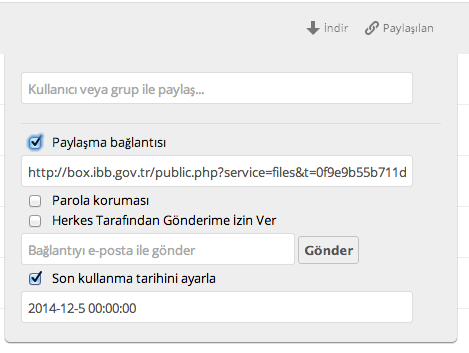 Oluşturulan bağlantı yine bu alandan hemen mail olarak bir başkasına gönderilebilir. Paylaşım linki belirlenen şifre girildiğinde indirilecek şekilde de paylaşılabilir.