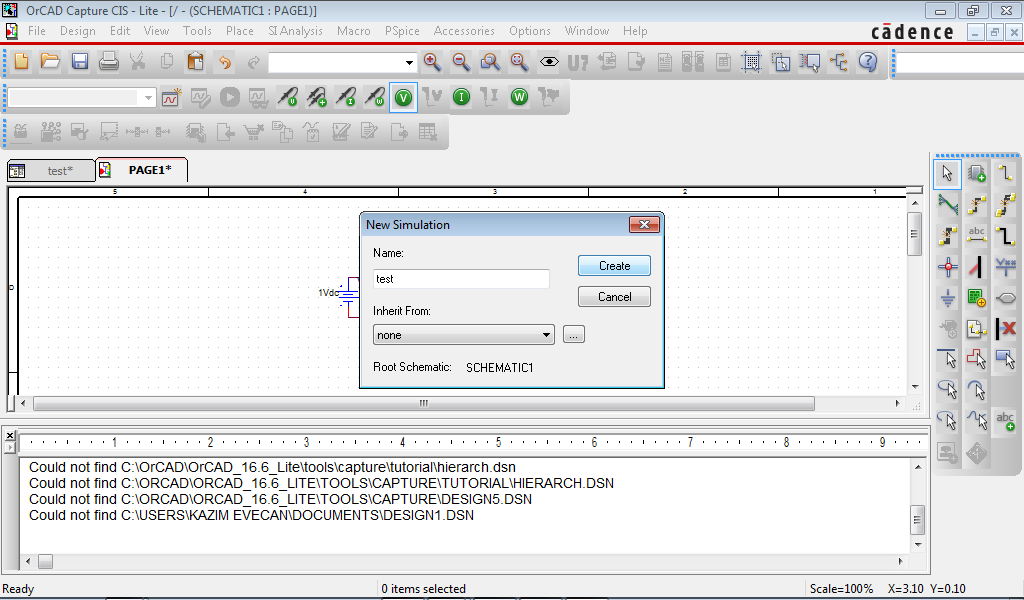 R ve C komponentleri ANALOG library'den, DC gerilim kaynağı SOURCE library'den, anahtarlar EVAL library'den Sw_tOpen ve Sw_tClose