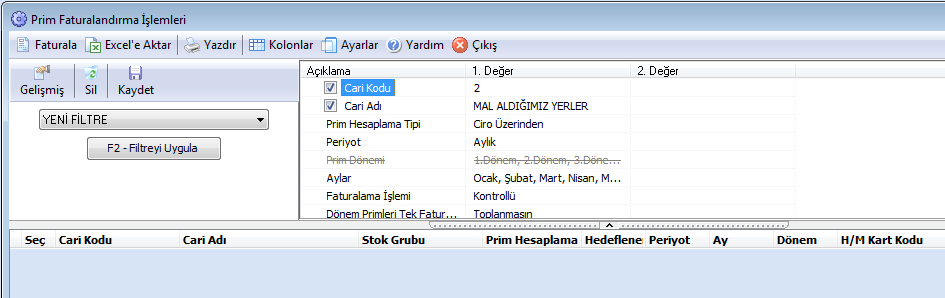 Ciro yada belirlenen kota üzerinden prim oranı girilerek aylık, üç aylık, veya sözleşme süresi dikkate alınarak prim takibi yapılabilmektedir.